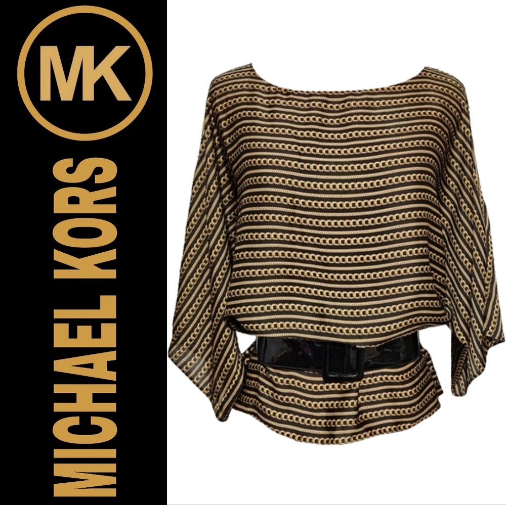 Michael Kors Black Chains Links Print Boat Neck Short Sleeve Large